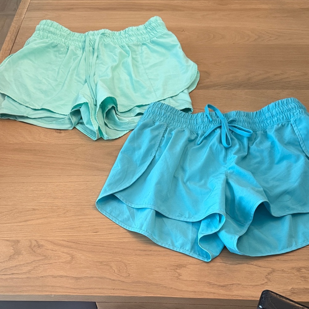 Pair of 90 Degree By Reflex Aqua and Mint Double-Layer Athletic Lounge Shorts